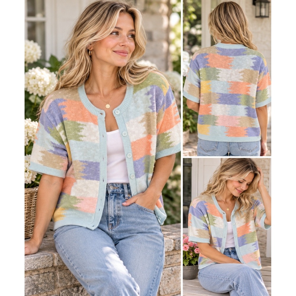 Christopher & Banks Textured Patchwork Knit Cardigan Short Sleeve M Cottagecore